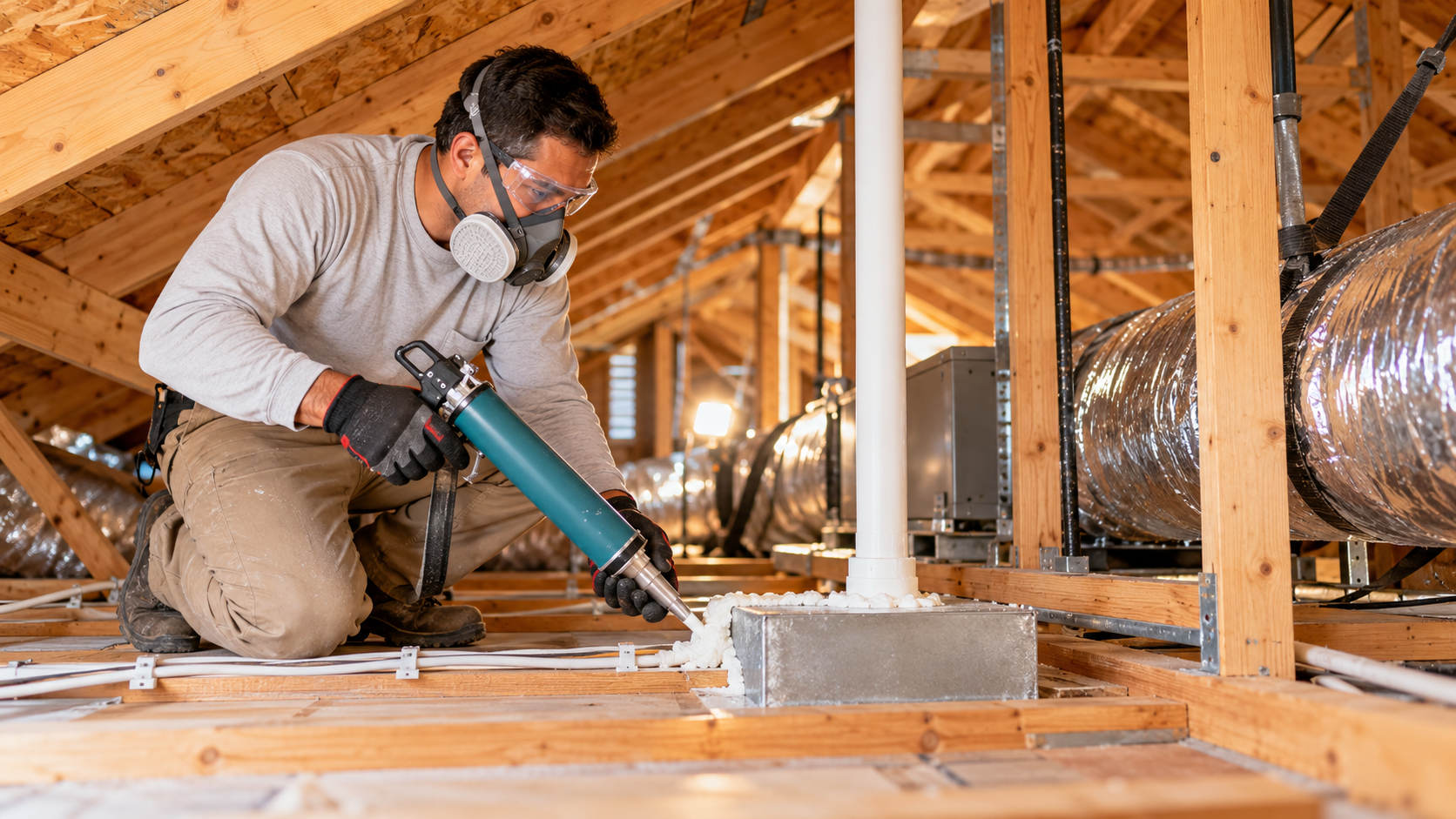 Temporary concept of careful air sealing work in an attic